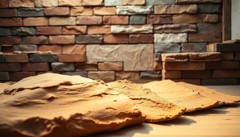 A beautifully lit composition showcasing an array of rendering materials suitable for bungalow construction. In the foreground, a close-up of smooth, earthy-toned plaster samples, their textures gently catching the warm glow of natural lighting. In the middle ground, a variety of brick samples in muted shades of red, ochre, and grey, arranged in a visually appealing pattern. Behind them, a selection of natural stone tiles in varied hues, their surfaces polished to a subtle sheen. The overall scene evokes a sense of warmth, quality, and timeless elegance, perfectly suited for the bungalow aesthetic. A beautifully lit composition showcasing an array of rendering materials suitable for bungalow construction. In the foreground, a close-up of smooth, earthy-toned plaster samples, their textures gently catching the warm glow of natural lighting. In the middle ground, a variety of brick samples in muted shades of red, ochre, and grey, arranged in a visually appealing pattern. Behind them, a selection of natural stone tiles in varied hues, their surfaces polished to a subtle sheen. The overall scene evokes a sense of warmth, quality, and timeless elegance, perfectly suited for the bungalow aesthetic.