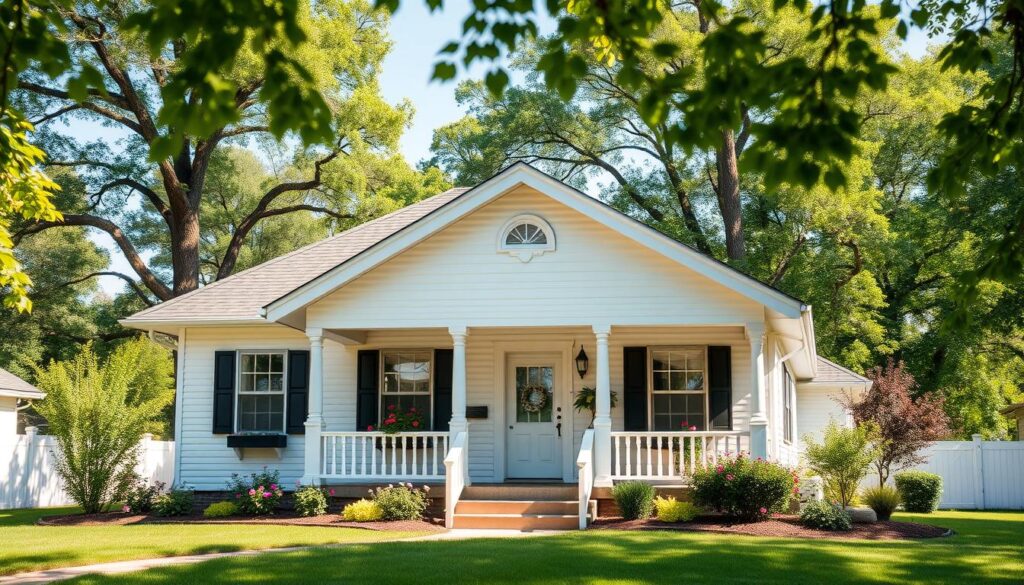 A warm, inviting bungalow nestled in a lush, verdant landscape. The home's exterior features a classic gable roof, crisp white siding, and a charming front porch with decorative columns. Soft, diffused natural light bathes the scene, creating a cozy, welcoming atmosphere. In the foreground, a well-manicured lawn and flower beds add pops of color, while in the background, towering trees and a clear blue sky provide a tranquil, serene backdrop. The composition captures the essence of a traditional bungalow, showcasing its timeless architectural elements and the harmonious integration with the surrounding environment. A warm, inviting bungalow nestled in a lush, verdant landscape. The home's exterior features a classic gable roof, crisp white siding, and a charming front porch with decorative columns. Soft, diffused natural light bathes the scene, creating a cozy, welcoming atmosphere. In the foreground, a well-manicured lawn and flower beds add pops of color, while in the background, towering trees and a clear blue sky provide a tranquil, serene backdrop. The composition captures the essence of a traditional bungalow, showcasing its timeless architectural elements and the harmonious integration with the surrounding environment.
