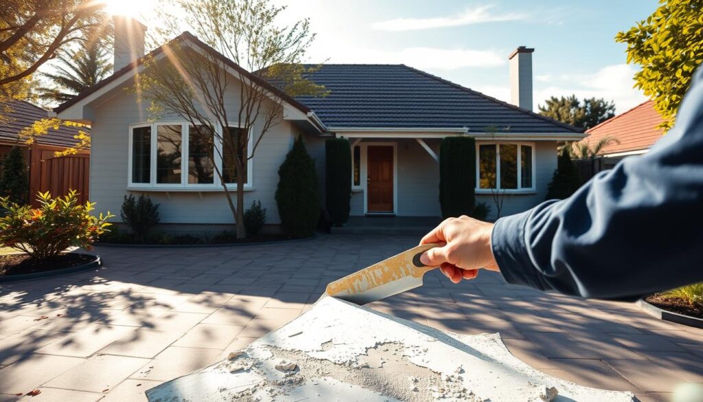 A well-maintained, freshly painted bungalow with a neatly trimmed front yard and a paved driveway. In the foreground, a homeowner is carefully scraping off old, flaking render using a putty knife, preparing the surface for a new coat of high-quality exterior paint. Sunlight filters through the trees, casting a warm, golden glow on the scene. In the background, a clear blue sky with a few wispy clouds. The overall mood is one of diligence, care, and a sense of pride in preserving the home's beauty and integrity. A well-maintained, freshly painted bungalow with a neatly trimmed front yard and a paved driveway. In the foreground, a homeowner is carefully scraping off old, flaking render using a putty knife, preparing the surface for a new coat of high-quality exterior paint. Sunlight filters through the trees, casting a warm, golden glow on the scene. In the background, a clear blue sky with a few wispy clouds. The overall mood is one of diligence, care, and a sense of pride in preserving the home's beauty and integrity.