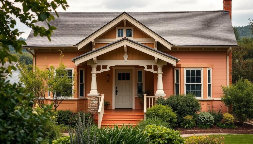 An exterior view of a classic bungalow rendered in a variety of vibrant, harmonious color schemes. Warm earth tones and soft pastels adorn the exterior walls, complementing the pitched roof, large windows, and inviting front porch. Lush greenery in the foreground and a picturesque landscape in the background create a tranquil, welcoming atmosphere. Soft, diffused lighting from an overcast sky illuminates the scene, highlighting the intricate textures and details of the architectural design. The composition emphasizes the bungalow's timeless charm and the versatility of color palettes suitable for this style of home. An exterior view of a classic bungalow rendered in a variety of vibrant, harmonious color schemes. Warm earth tones and soft pastels adorn the exterior walls, complementing the pitched roof, large windows, and inviting front porch. Lush greenery in the foreground and a picturesque landscape in the background create a tranquil, welcoming atmosphere. Soft, diffused lighting from an overcast sky illuminates the scene, highlighting the intricate textures and details of the architectural design. The composition emphasizes the bungalow's timeless charm and the versatility of color palettes suitable for this style of home.