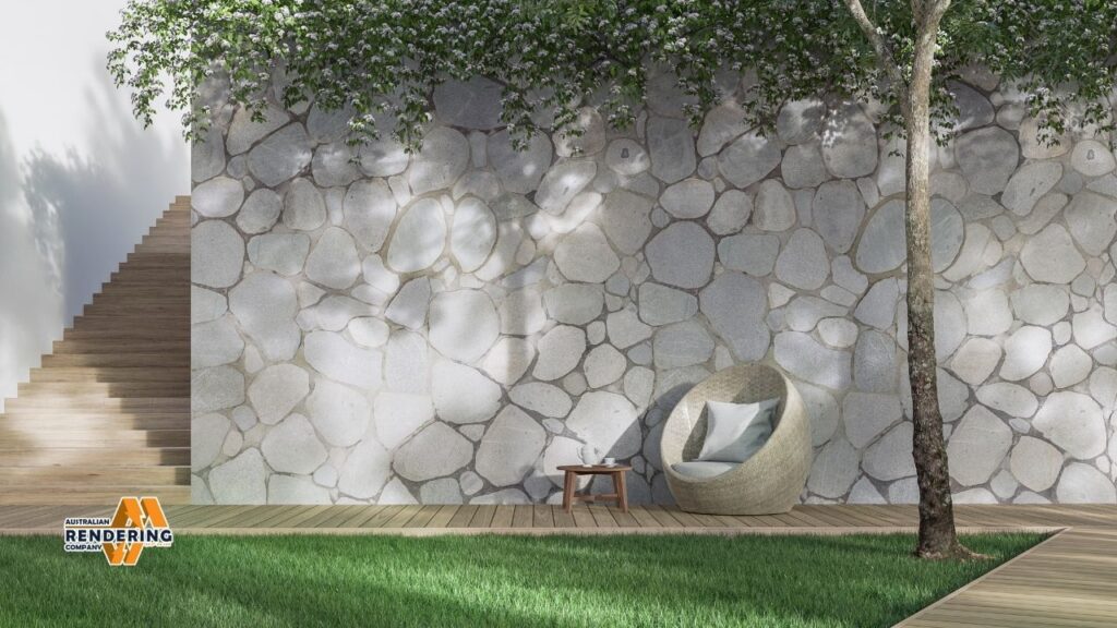 Modern patio with stone wall and wicker chair