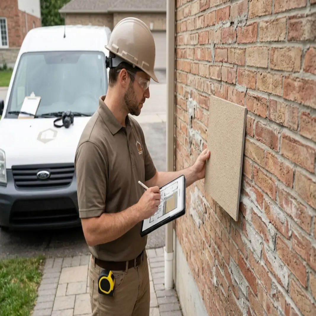 Residential exterior rendering inspection on brick wall