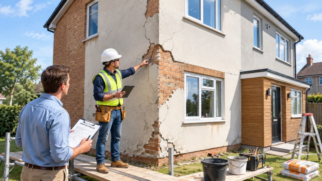 Professional inspecting cracks in a rendered wall