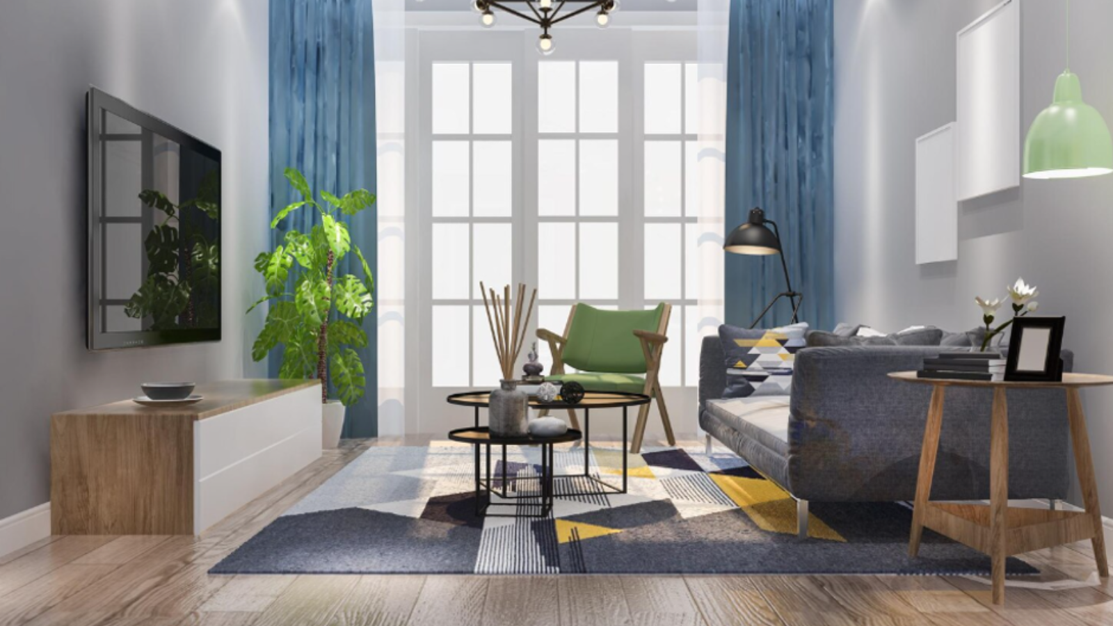 Modern living room with contemporary rendering finish