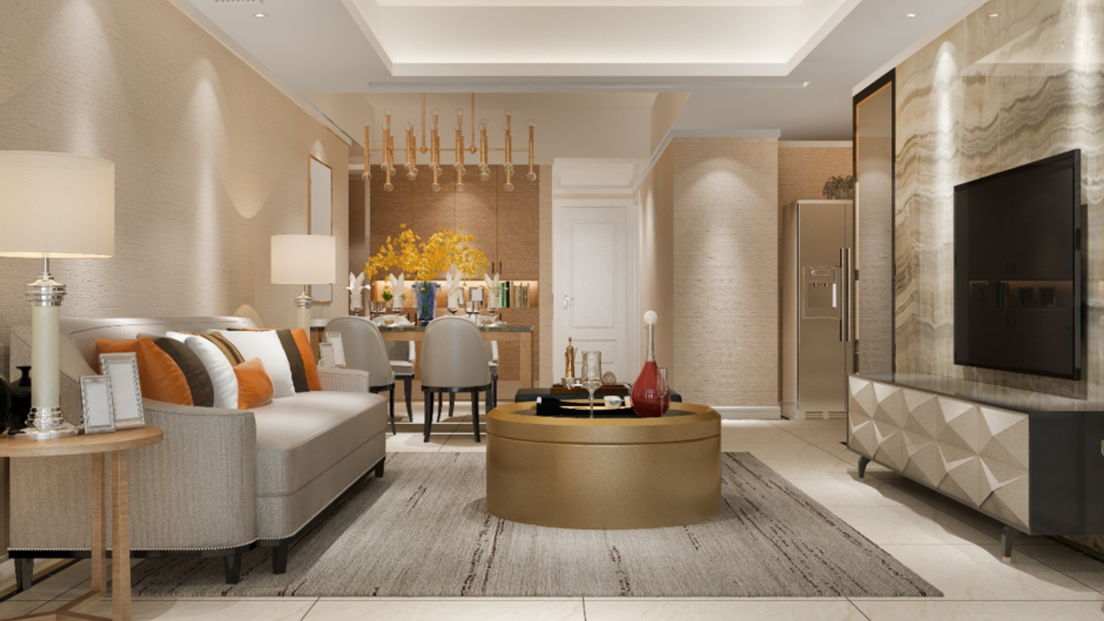 Luxury residential interior rendering with modern living room design