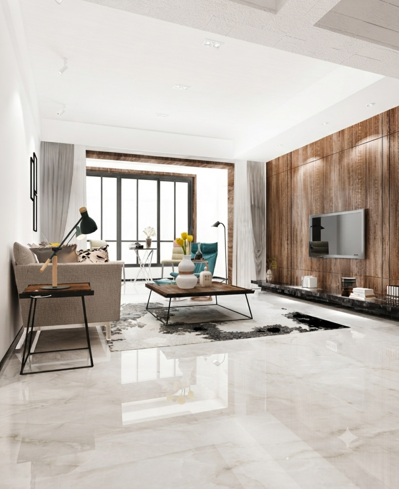 Modern luxury living room with wood wall and marble floor