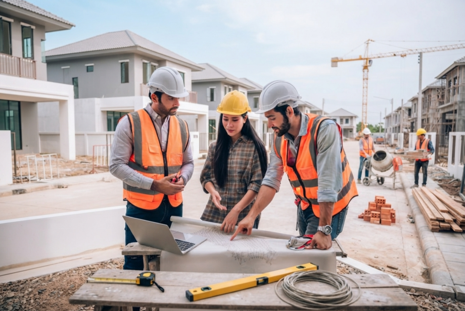 Builders working on residential construction projects