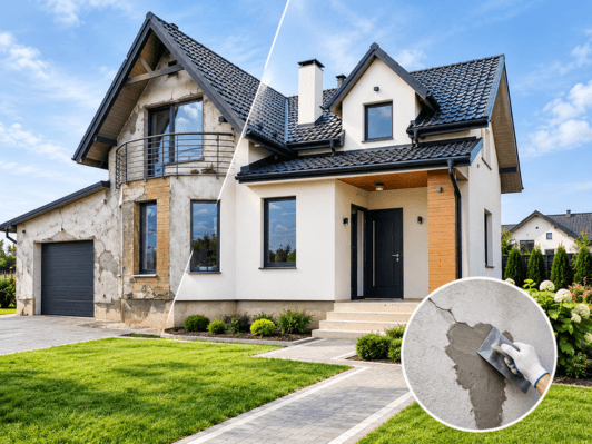 House exterior rendering and wall repair