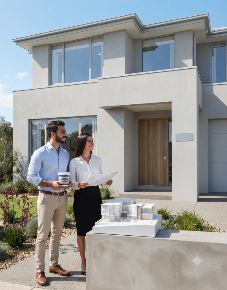 Modern home exterior with fresh wall rendering